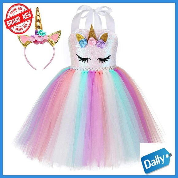 Sequin Unicorn Dress with Headband Girls 1-10Y Birthday Party Costume